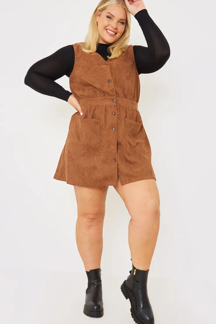 Best In the Style Corduroy Pinafore Dress Brown