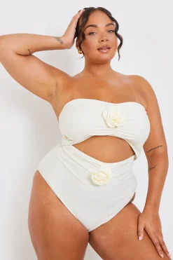 Discount In the Style Corsage Detail Bandeau Swimsuit Cream