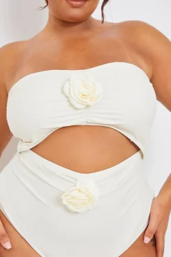 Discount In the Style Corsage Detail Bandeau Swimsuit Cream
