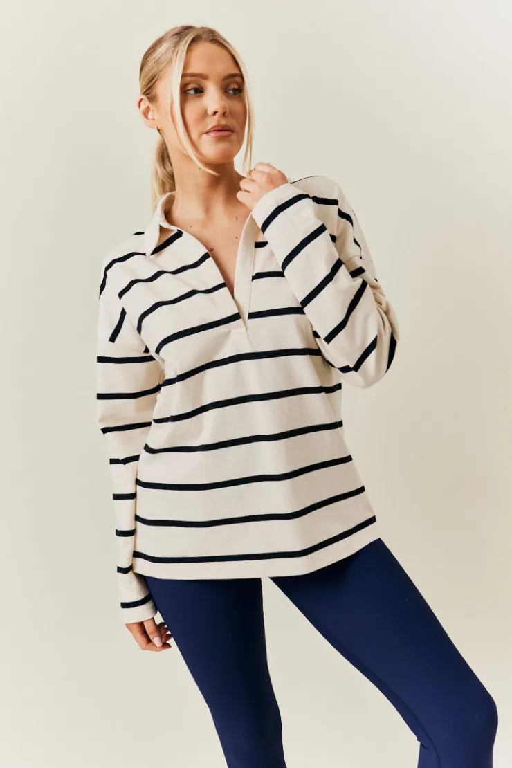 Best In The Style Cream & Black 90's Stripe Long Sleeve Rugby Shirt Multi
