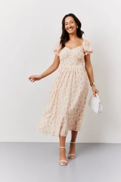 Online In The Style Cream Floral Print Puff Sleeve Milkmaid Midi Dress Multi