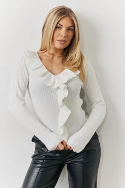 In The Style Frill Detail Knitted Top Cream
