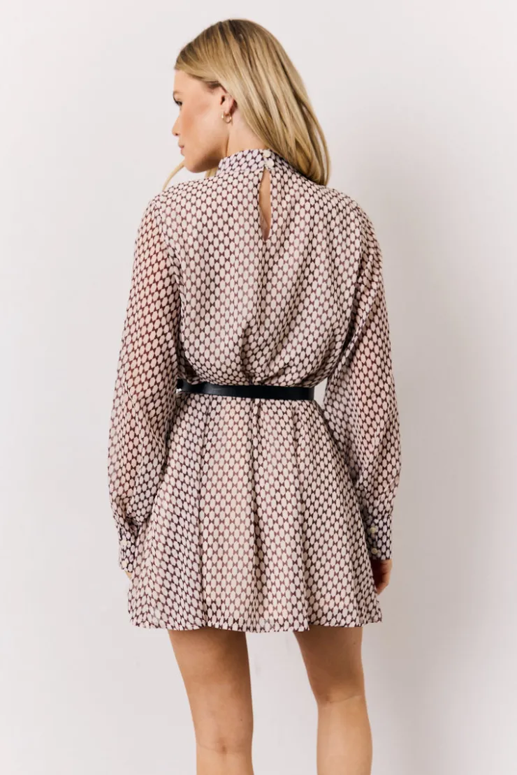 Discount In the Style Geometric Print Chiffon High Neck Mini Swing Dress Cream