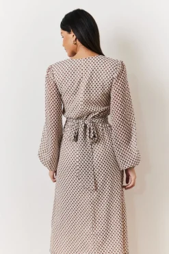 Outlet In the Style Cream Geometric Print Chiffon Balloon Sleeve Wrap Midi Dress Brown