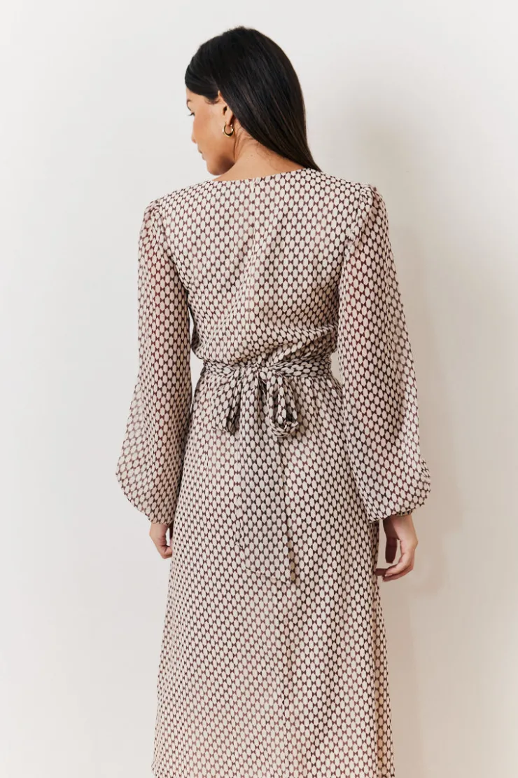 Outlet In the Style Cream Geometric Print Chiffon Balloon Sleeve Wrap Midi Dress Brown