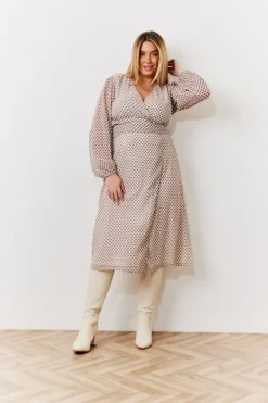 Outlet In the Style Cream Geometric Print Chiffon Balloon Sleeve Wrap Midi Dress Brown