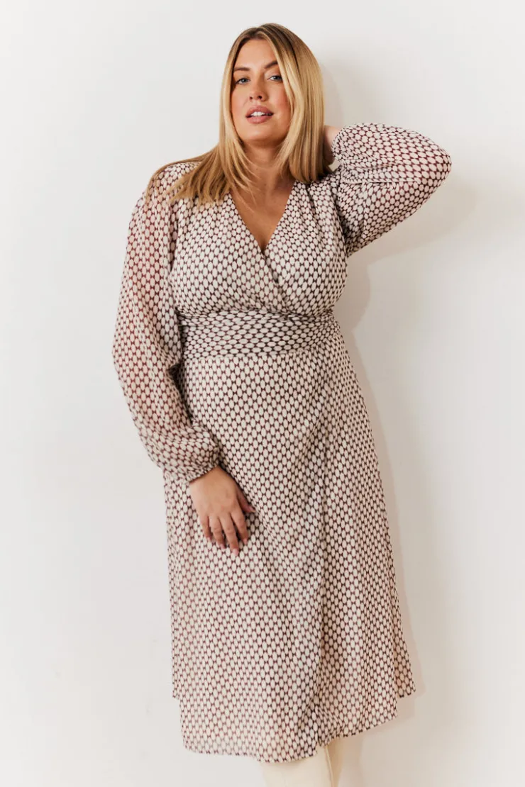Outlet In the Style Cream Geometric Print Chiffon Balloon Sleeve Wrap Midi Dress Brown
