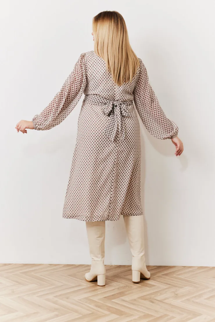 Outlet In the Style Cream Geometric Print Chiffon Balloon Sleeve Wrap Midi Dress Brown