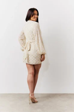 Sale In the Style Gold Fleck Detail Belted Mini Dress Cream