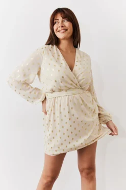Sale In the Style Gold Fleck Detail Belted Mini Dress Cream