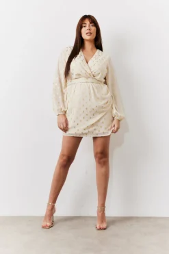 Sale In the Style Gold Fleck Detail Belted Mini Dress Cream