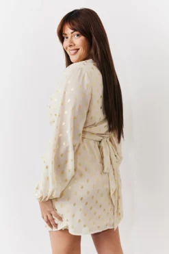 Sale In the Style Gold Fleck Detail Belted Mini Dress Cream