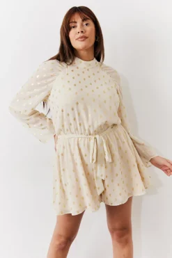 Sale In the Style Gold Fleck Detail High Neck Belted Playsuit Cream