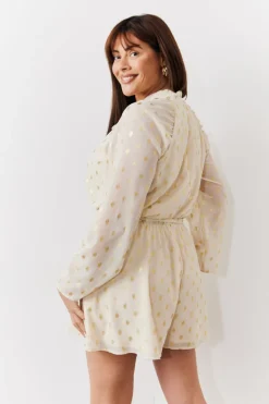 Sale In the Style Gold Fleck Detail High Neck Belted Playsuit Cream