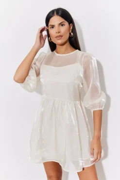 Discount In the Style Organza Babydoll Mini Dress Cream