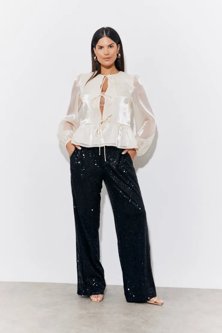 Discount In the Style Organza Tie Front Puff Sleeve Top Cream