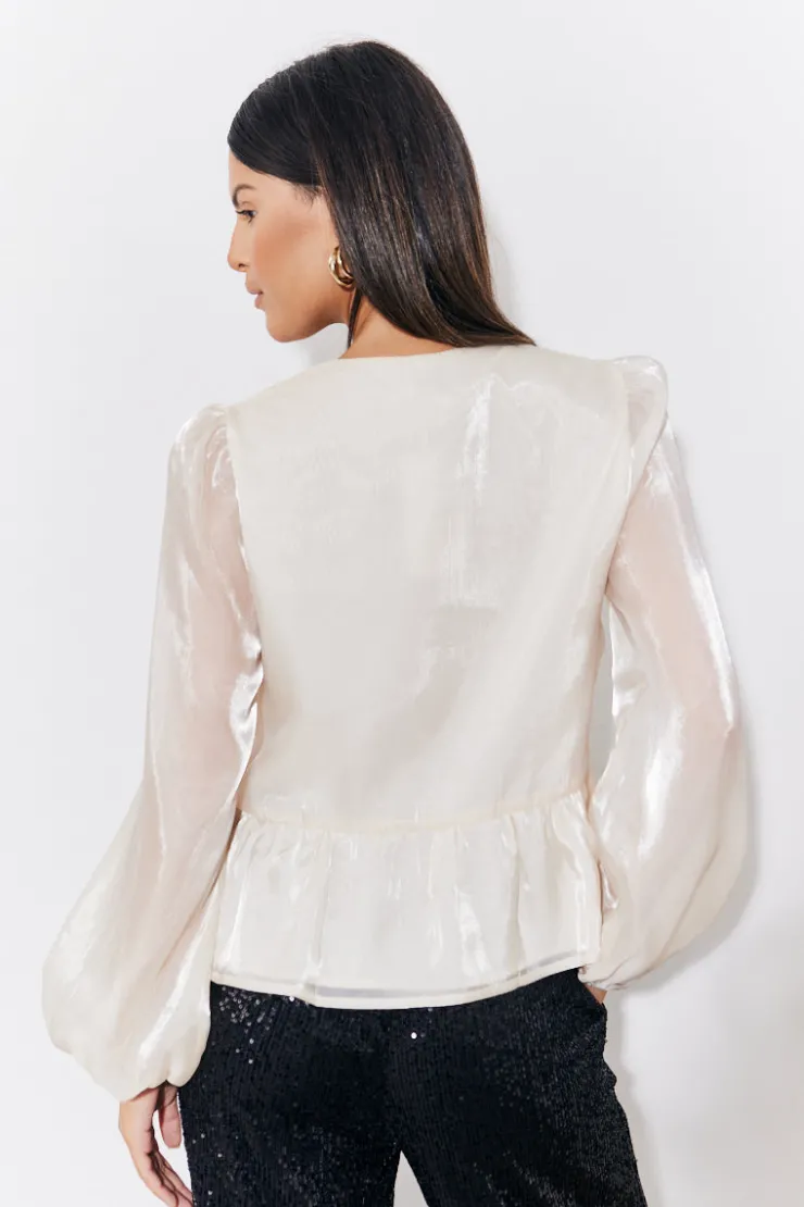 Discount In the Style Organza Tie Front Puff Sleeve Top Cream