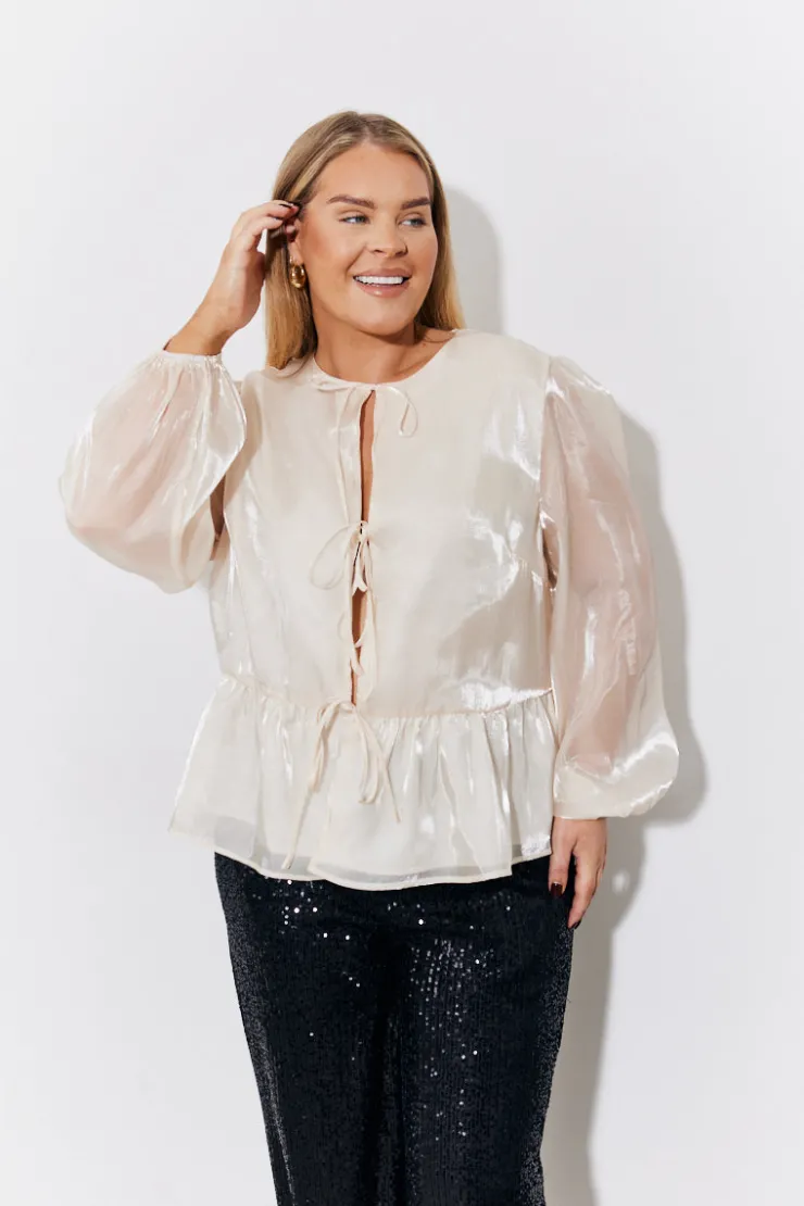 Discount In the Style Organza Tie Front Puff Sleeve Top Cream