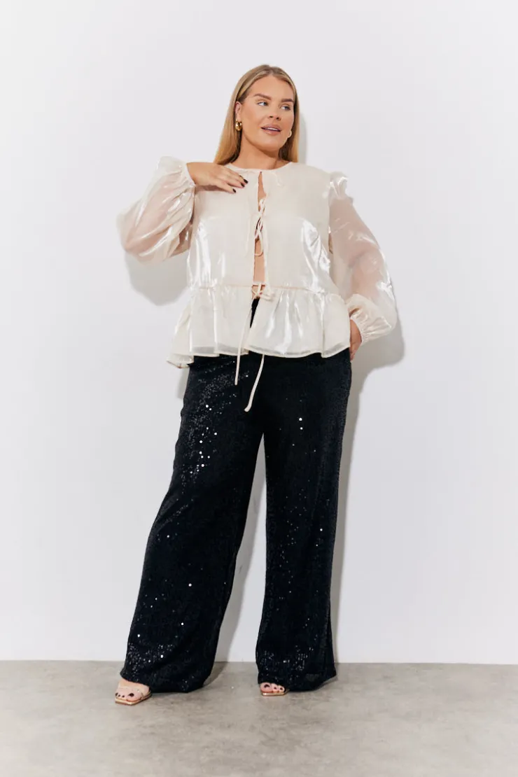 Discount In the Style Organza Tie Front Puff Sleeve Top Cream