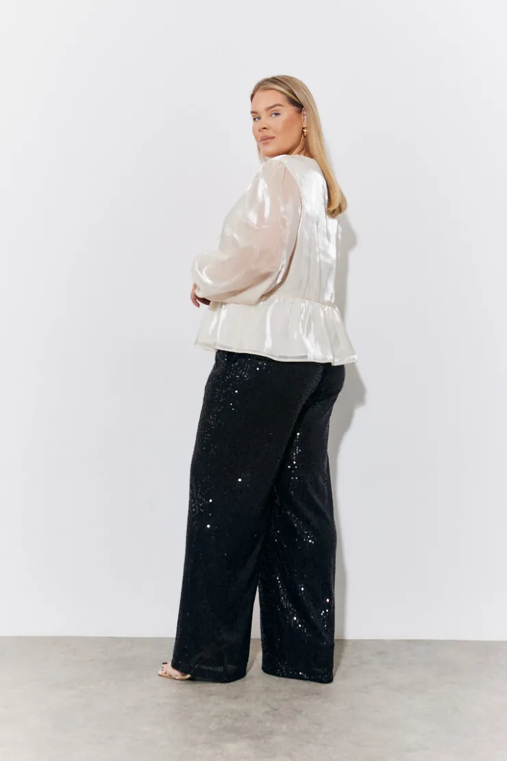 Discount In the Style Organza Tie Front Puff Sleeve Top Cream