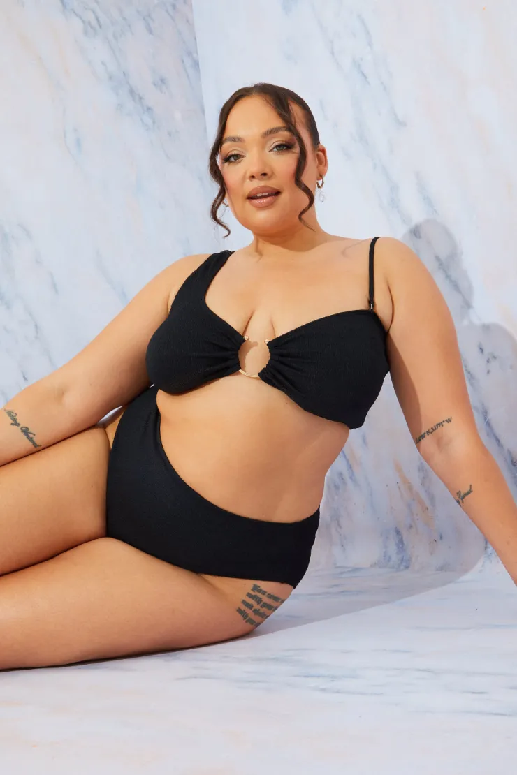 Clearance In the Style Crinkle High Leg Bikini Bottoms Black