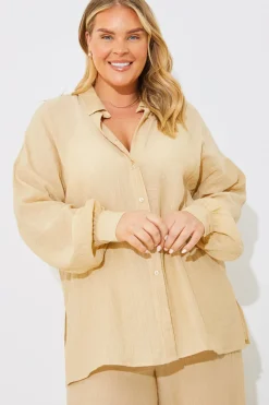 Hot In the Style Crinkle Oversized Shirt Camel