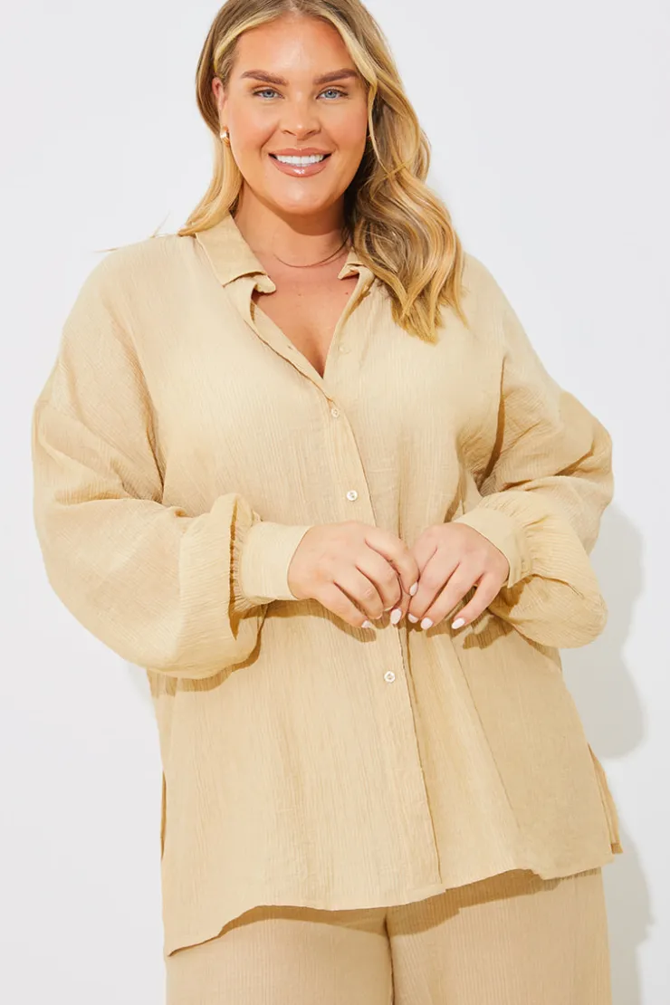 Hot In the Style Crinkle Oversized Shirt Camel