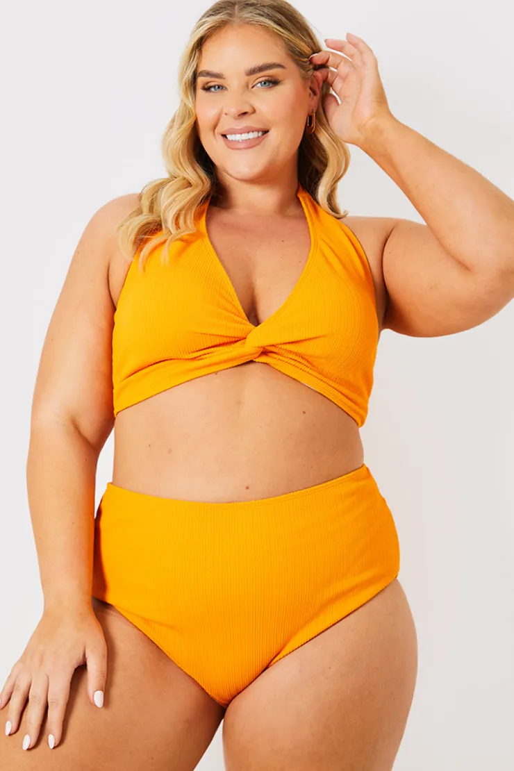 Discount In the Style Crinkle Twist Front Halter Neck Bikini Top Orange