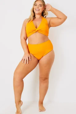 Discount In the Style Crinkle Twist Front Halter Neck Bikini Top Orange