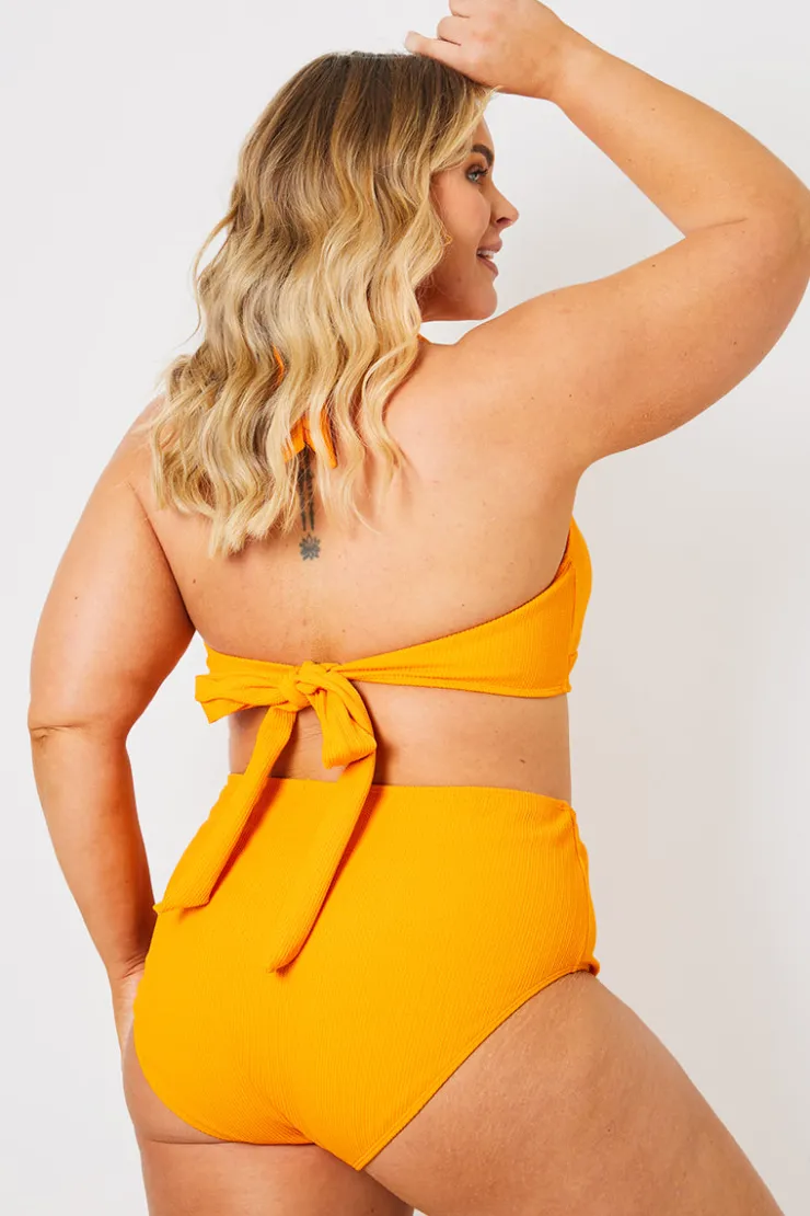 Discount In the Style Crinkle Twist Front Halter Neck Bikini Top Orange