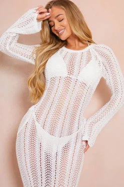 Online In the Style Crochet Flare Sleeve Midaxi Dress White