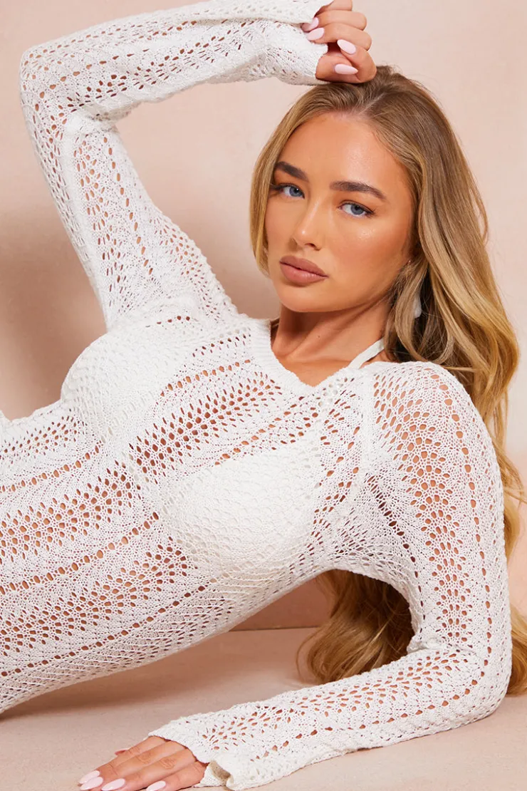 Online In the Style Crochet Flare Sleeve Midaxi Dress White