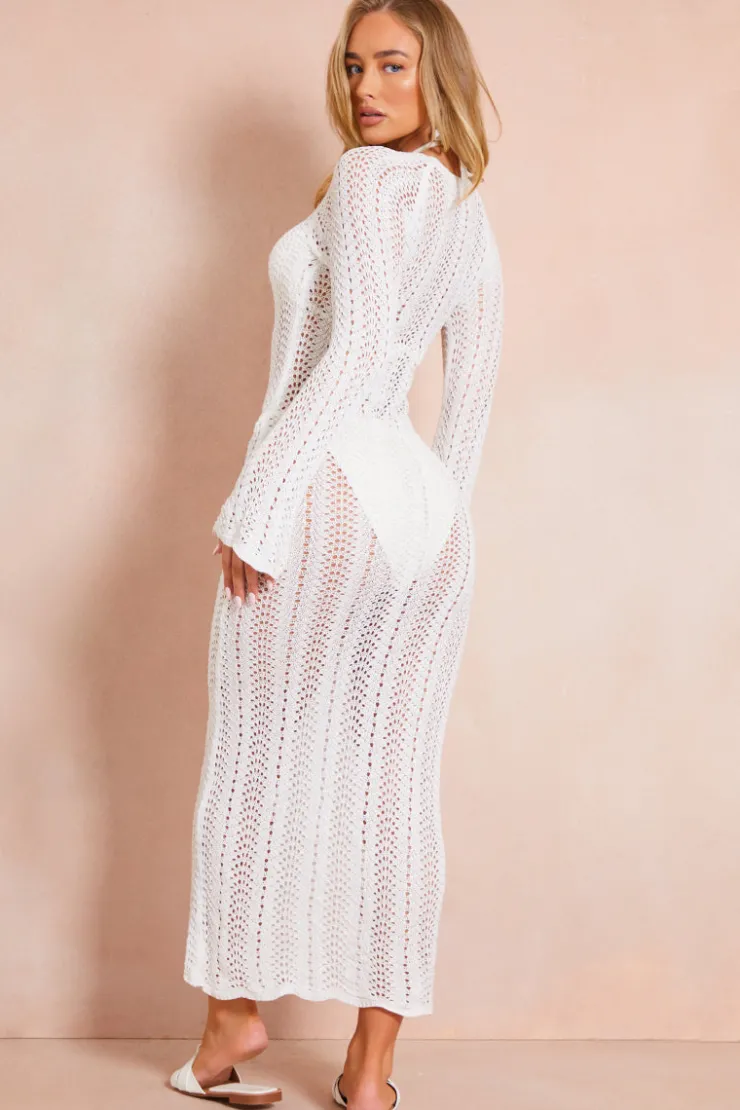 Online In the Style Crochet Flare Sleeve Midaxi Dress White