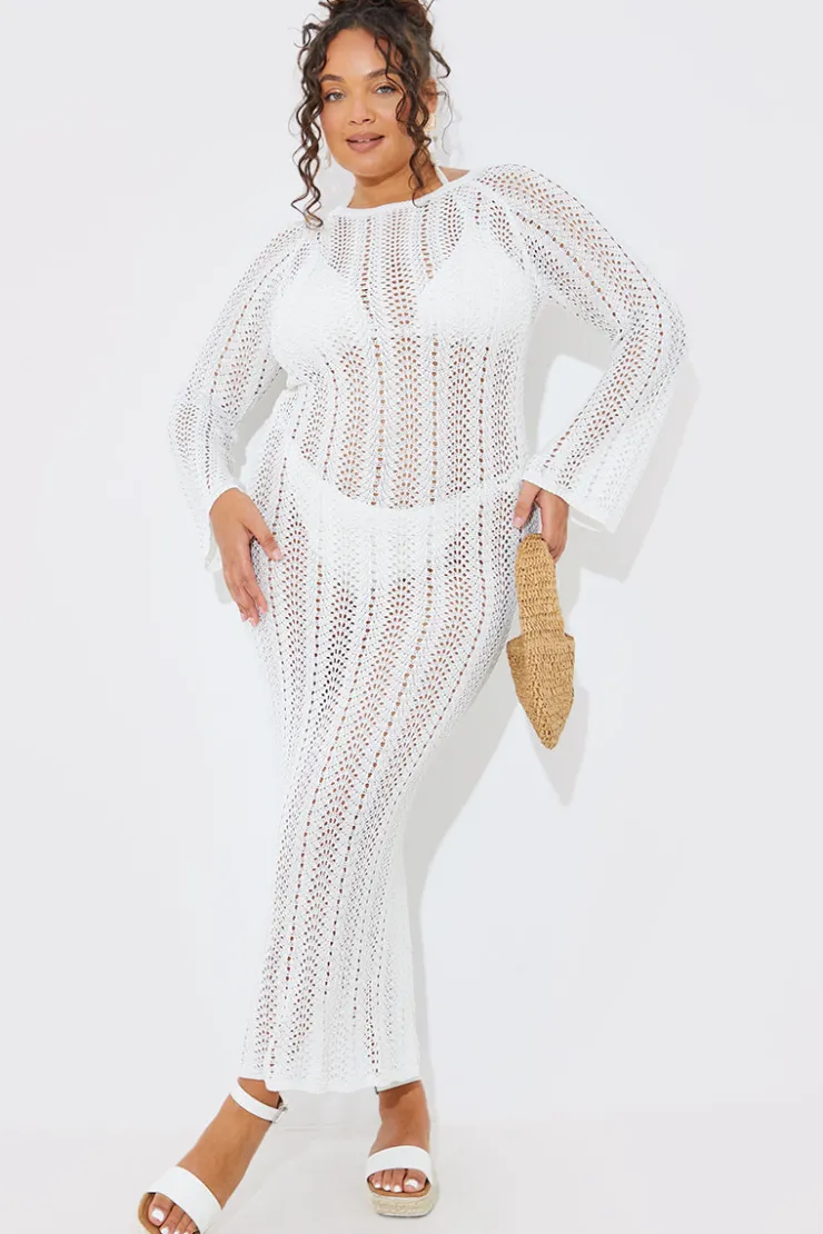Online In the Style Crochet Flare Sleeve Midaxi Dress White