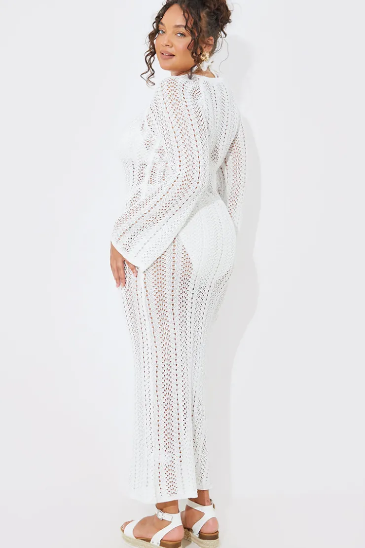 Online In the Style Crochet Flare Sleeve Midaxi Dress White