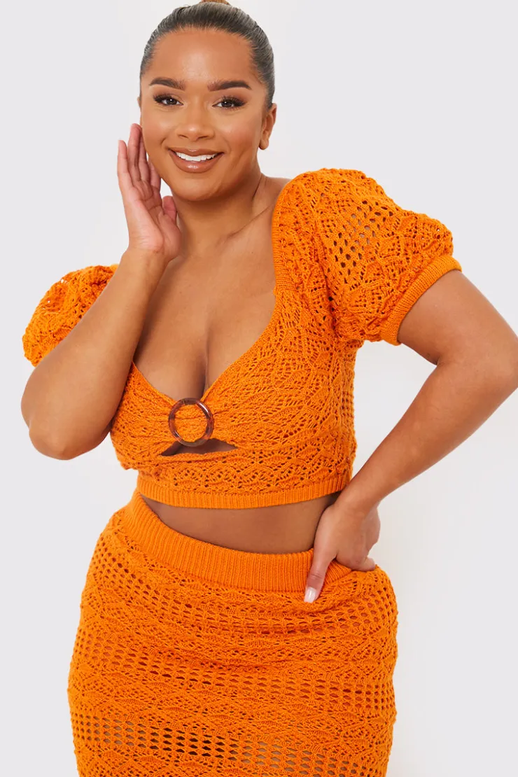 Clearance In the Style Crochet Puff Sleeve Crop Top