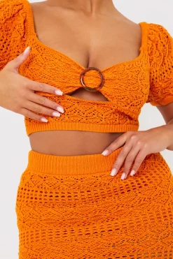Clearance In the Style Crochet Puff Sleeve Crop Top