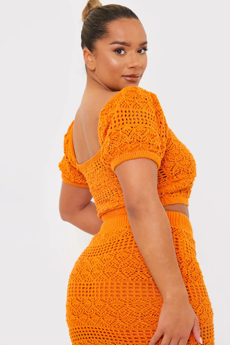 Clearance In the Style Crochet Puff Sleeve Crop Top