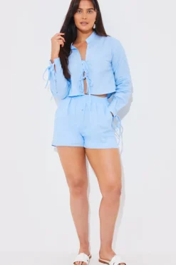 New In the Style Cropped Tie Front Linen Look Co-Ord Shirt Blue