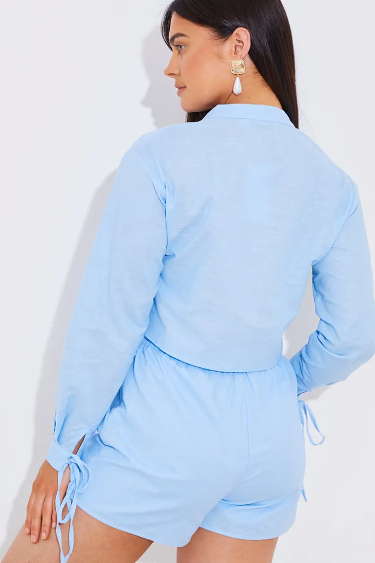 New In the Style Cropped Tie Front Linen Look Co-Ord Shirt Blue