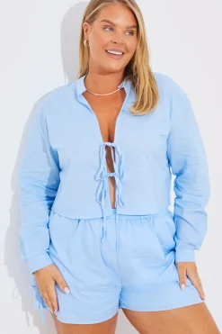 New In the Style Cropped Tie Front Linen Look Co-Ord Shirt Blue