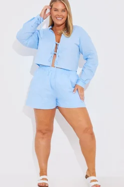 New In the Style Cropped Tie Front Linen Look Co-Ord Shirt Blue