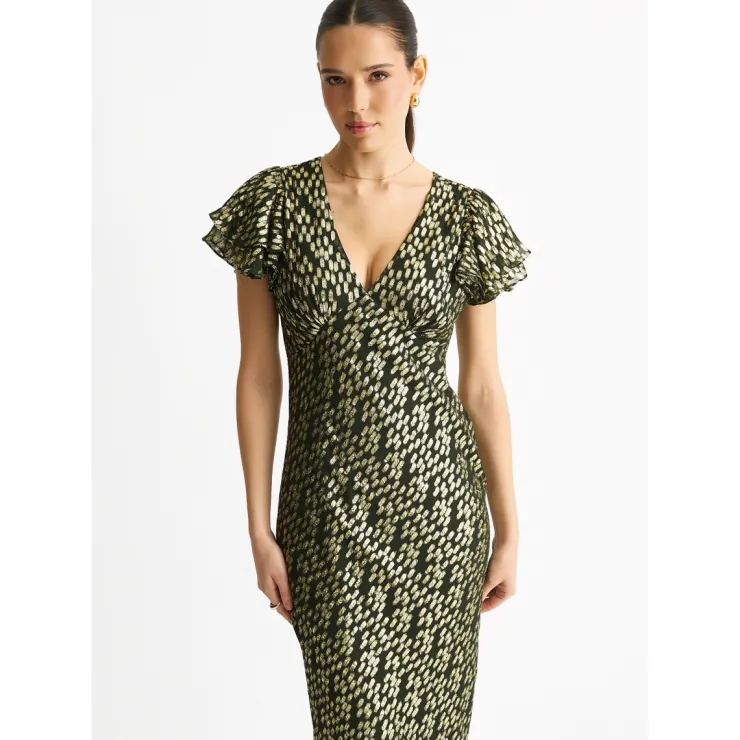 New Gini London Dark Green Viscose Clipped Gold Jacquard Bias Cut Maxi Dress