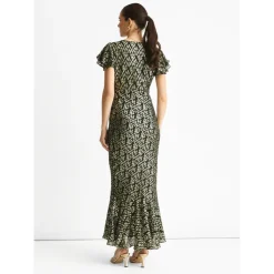 New Gini London Dark Green Viscose Clipped Gold Jacquard Bias Cut Maxi Dress
