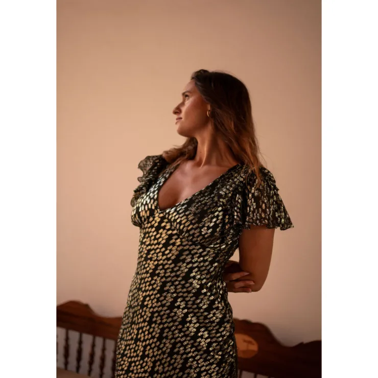 New Gini London Dark Green Viscose Clipped Gold Jacquard Bias Cut Maxi Dress