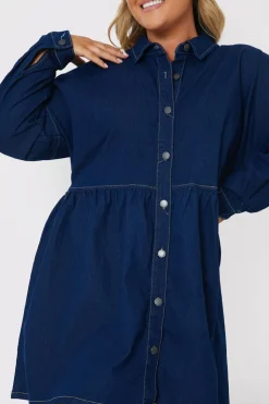 Hot In the Style Dark Wash Mini Smock Shirt Dress Denim