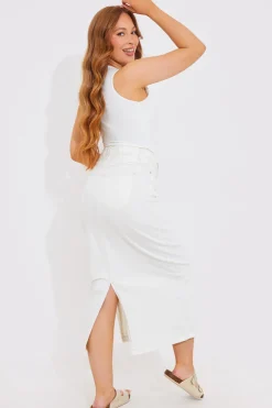 Online In the Style Denim Back Split Midi Skirt Ecru