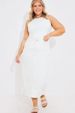 Online In the Style Denim Back Split Midi Skirt Ecru