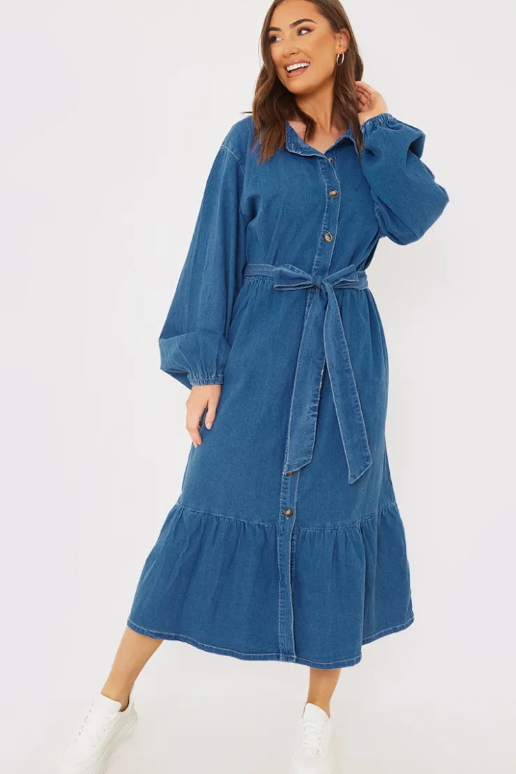 Hot In the Style Denim Belted Tiered Midaxi Shirt Dress Blue