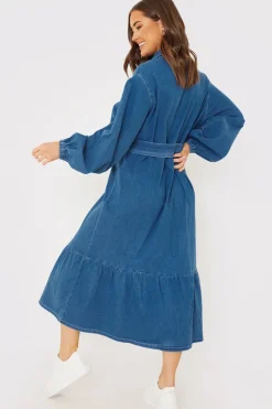 Hot In the Style Denim Belted Tiered Midaxi Shirt Dress Blue